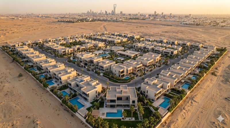 منظر جوي لمجمّع فلل بمسابح على أطراف المدينة