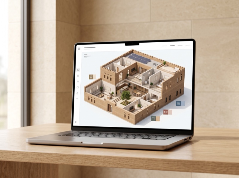 حاسوب محمول يعرض جولة ثلاثية الأبعاد لمنزل بمنظور الدمية