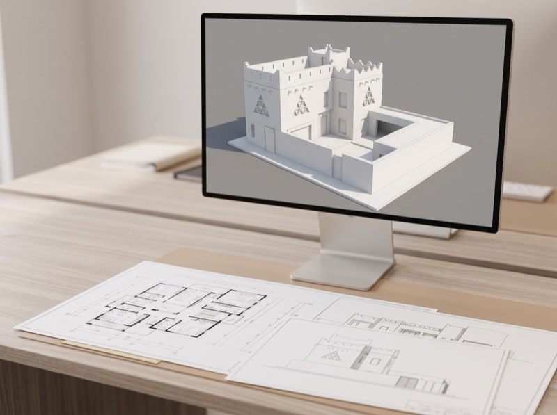 شاشة تعرض نموذجاً ثلاثي الأبعاد لمبنى فوق مخططات معمارية مطبوعة