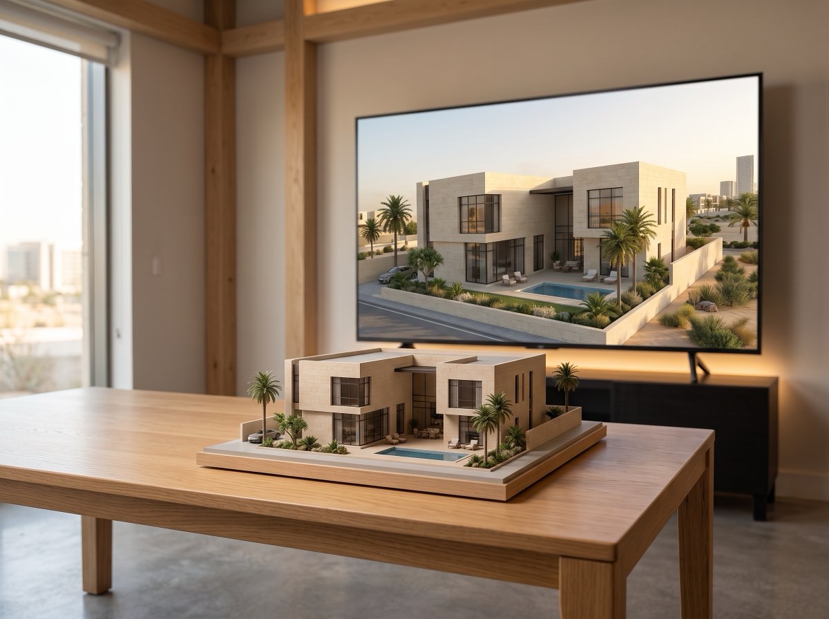 مجسّم معماري لفيلا على طاولة أمام شاشة تعرض صورة 3D للفيلا نفسها